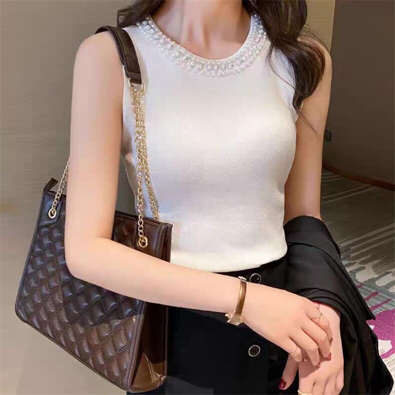 2024夏季新款针织吊带背心女圆领珍珠内搭打底衫宽松百搭无袖上衣，女装T恤，众美斯特