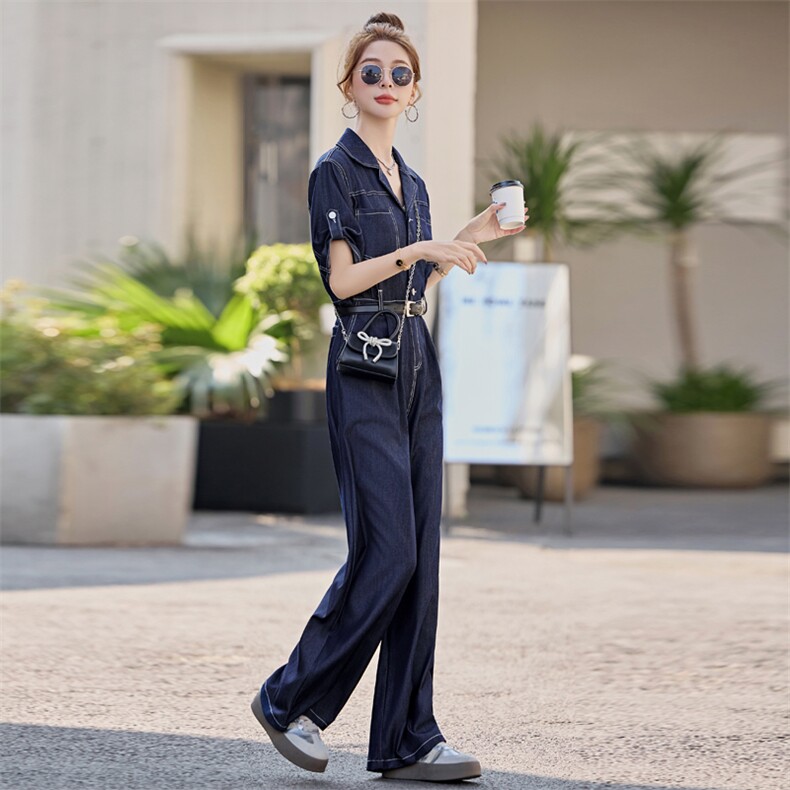 （新款现货）闺舍2026夏时尚女洋气天丝牛仔阔腿连体裤（配腰带）,女装连体裤,印象茜