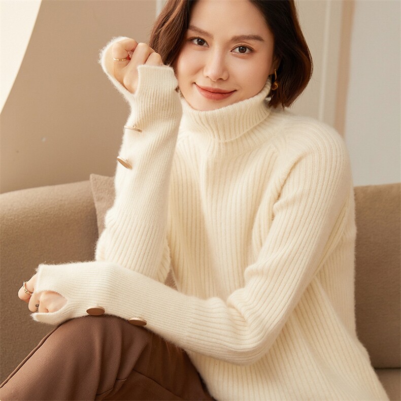 欧货坑条堆堆领山羊绒衫女秋冬新款长袖套头毛衣针织百搭打底衫,女装羊绒衫,澳冬特羊绒