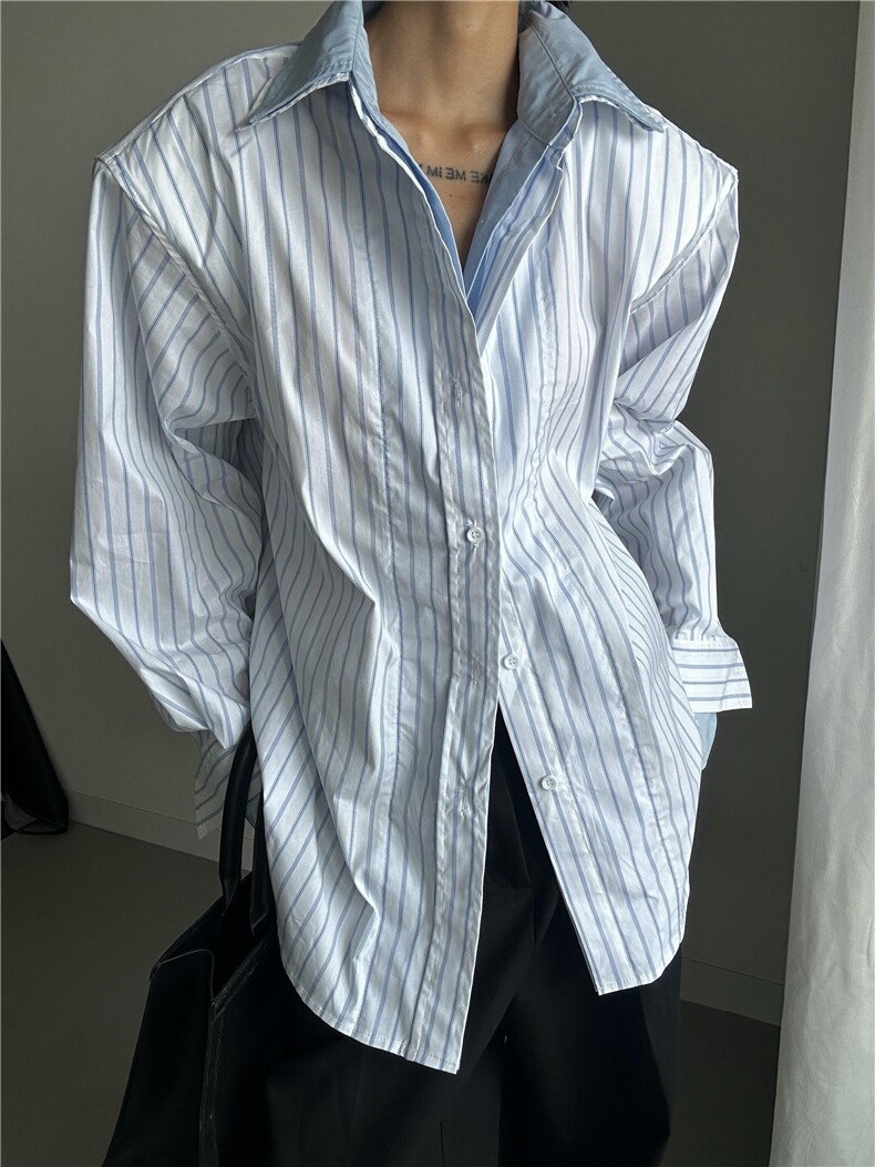 CS68-P68现货秋装新款条纹拼接假2件休闲衬衫宽松百搭衬衣,男装衬衫,电商B327
