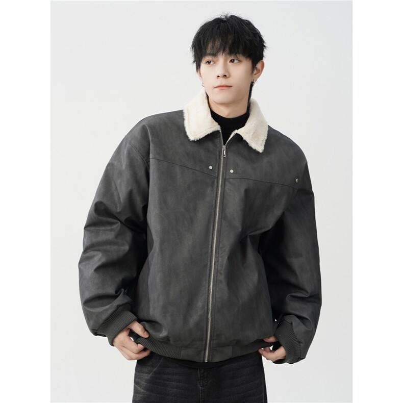 1506-1/MK8181/P76PU皮羊羔绒夹克棉服男女冬季保暖翻领棉衣图片