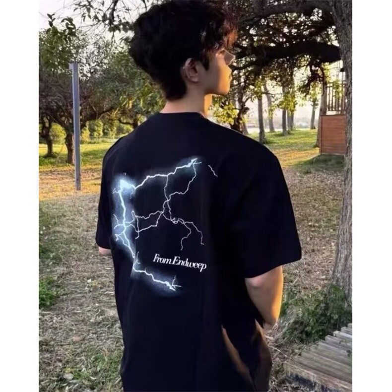 潮牌闪电纹印花正肩短袖男款夏季美式高街T恤cleanfit半袖上衣服,男装T恤,星座1116A（原606A-3）