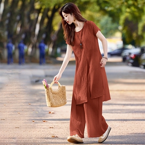 夏季慵懒风休闲套装女2026新款短袖设计感上衣宽松阔腿裙裤三件套图片