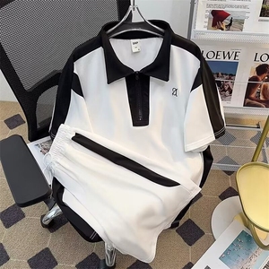 美式休闲套装男款夏季潮流拼色短袖polo衫宽松短裤百搭学生两件套图片
