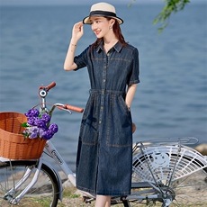 气质翻领短袖牛仔连衣裙女2025新款夏季薄款气质收腰显瘦休闲裙子，女装连衣裙，文熹诺