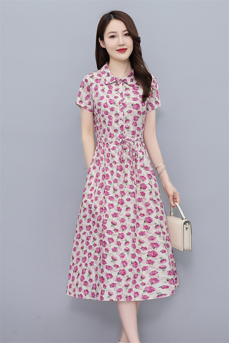 减龄碎花纯棉短袖连衣裙女2024夏季新款收腰显瘦中长款印花衬衫裙,女装短裤/热裤,鑫思依格