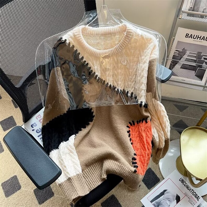不规则撞色慵懒风软糯男女潮牌宽松休闲情侣针织衫毛衣潮7692P52,男装针织衫/毛衣,星座410-2