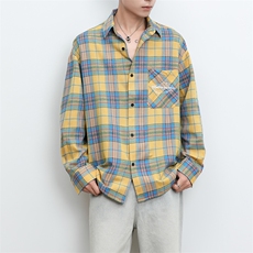 港风大码日子复古贴袋刺绣翻领格子长袖衬衫XZ213-CS8809-P55控68，男装衬衫，星座213