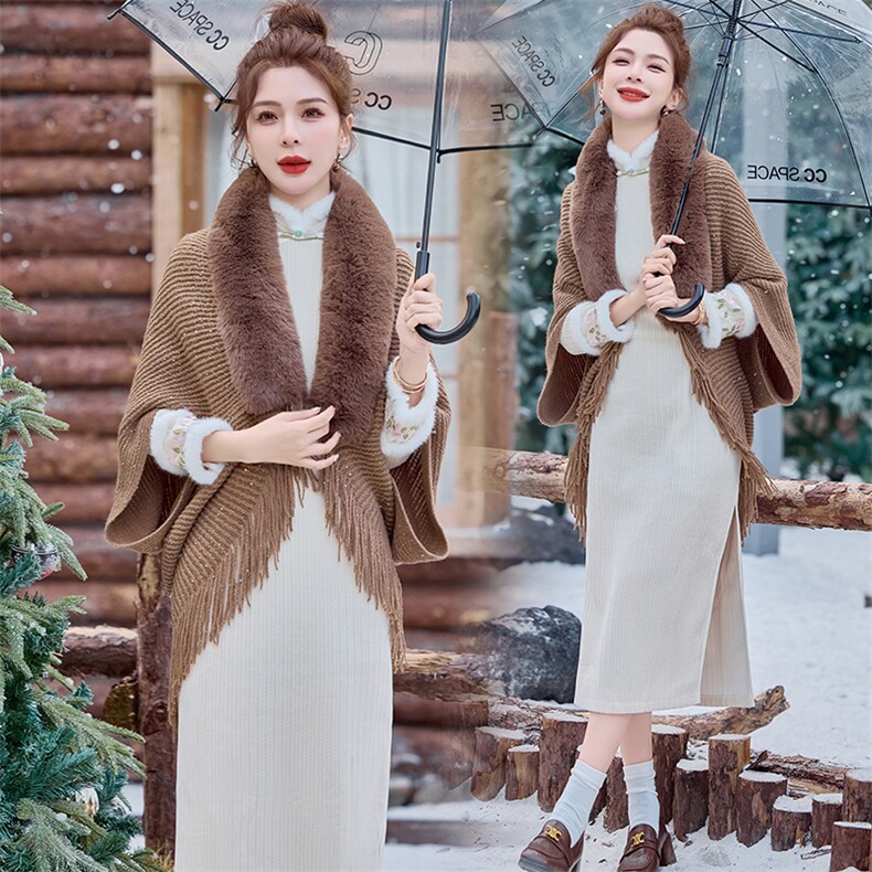 芷墨冬季新款大毛领时尚百搭斗篷外套显高显瘦洋气千金感外套女，女装毛呢外套，芷墨服饰