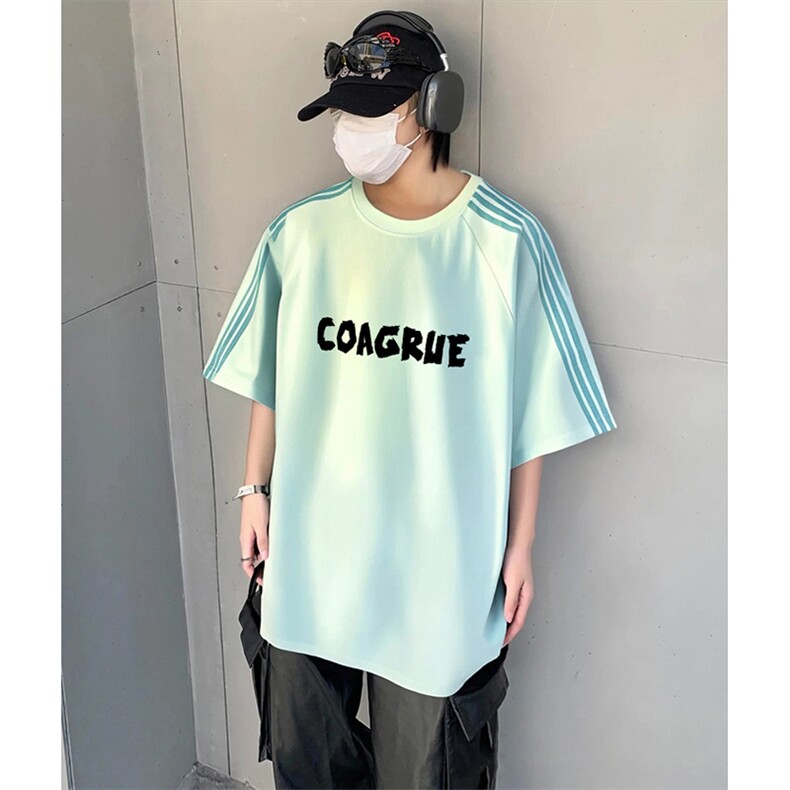 抖音得物品质二开240克宽松纯棉美式潮牌印花三条杠中性风短袖T恤,男装T恤,电商A486-1