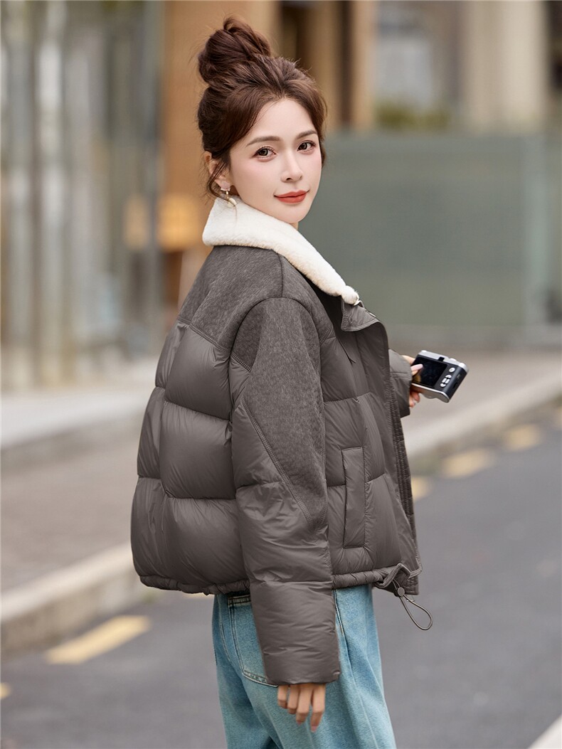 【现货现货】2025冬季新款黄色羽绒服短款加厚保暖羊羔毛拼接外套,女装羽绒服,一安秀