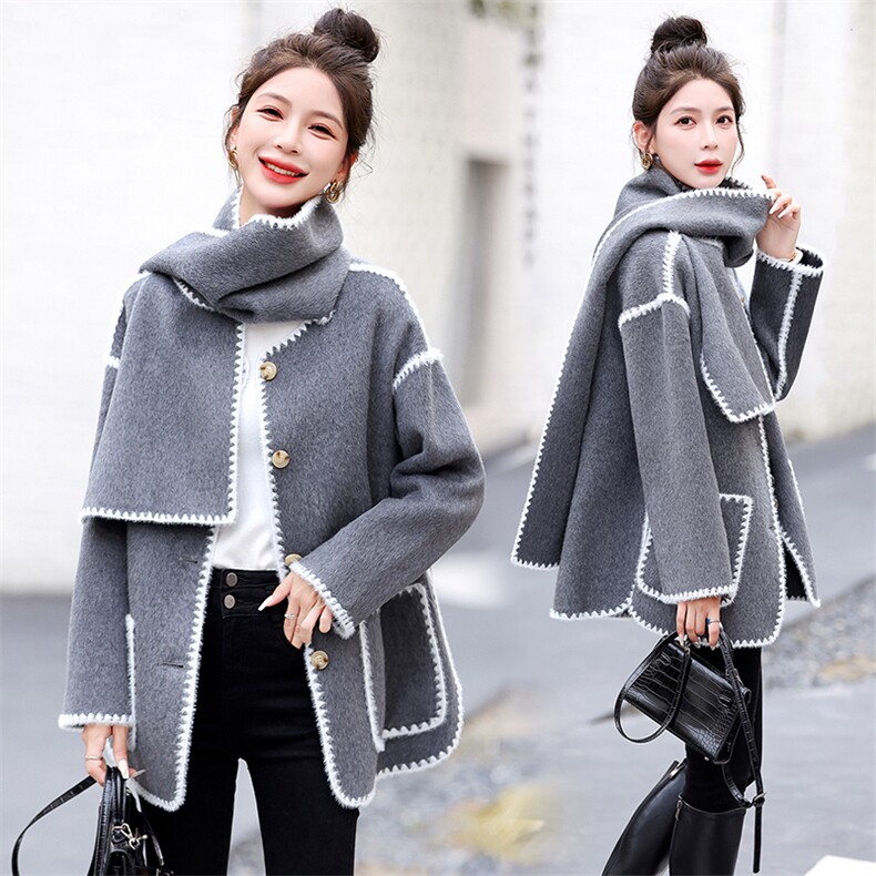 2024秋冬新款百搭斗篷式双面羊毛外套气质大衣配围脖，女装双面呢大衣，半夏