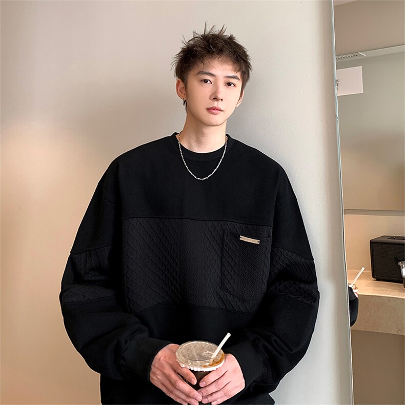 Q5174-TP40控价55秋季新款提花拼接口袋长袖圆领卫衣ins潮上衣男,男装卫衣,电商A102-1