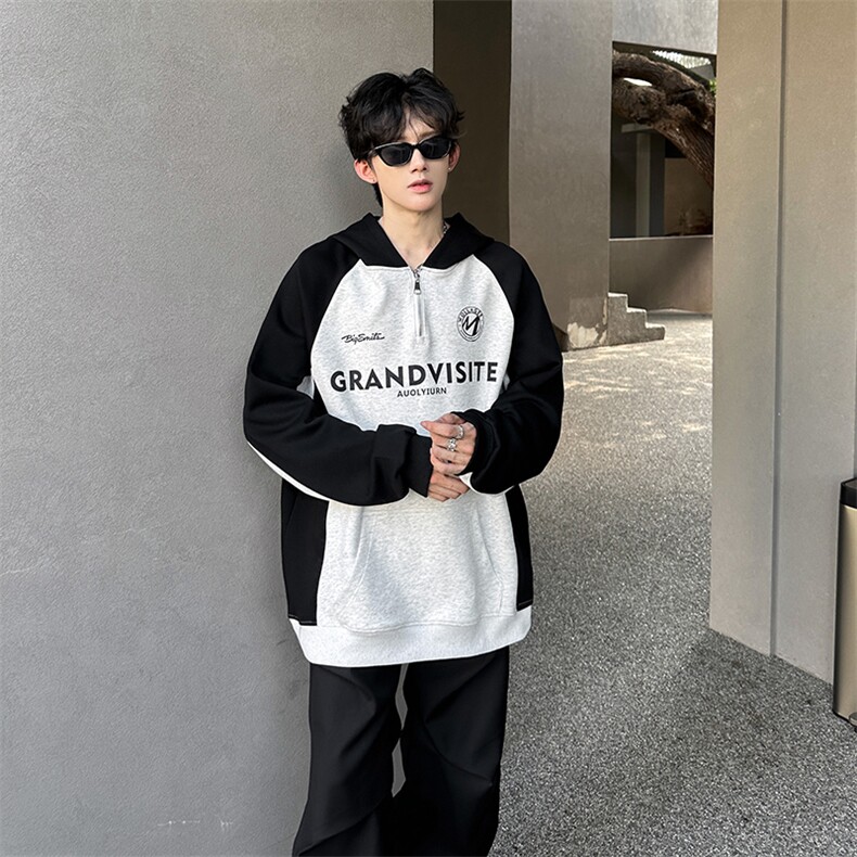 秋季宽松休闲拼接POLO套头卫衣潮外套XZ808B-WH085-P50图片