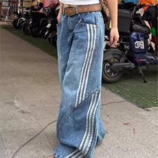 三条杠解构弯刀牛仔裤男女夏季拼接设计感镰刀阔腿长裤AM8056P58，男装牛仔裤，星座1013-5