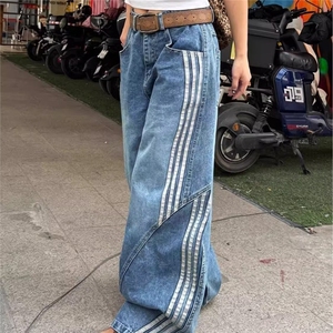 三条杠解构弯刀牛仔裤男女夏季拼接设计感镰刀阔腿长裤AM8056 P58图片