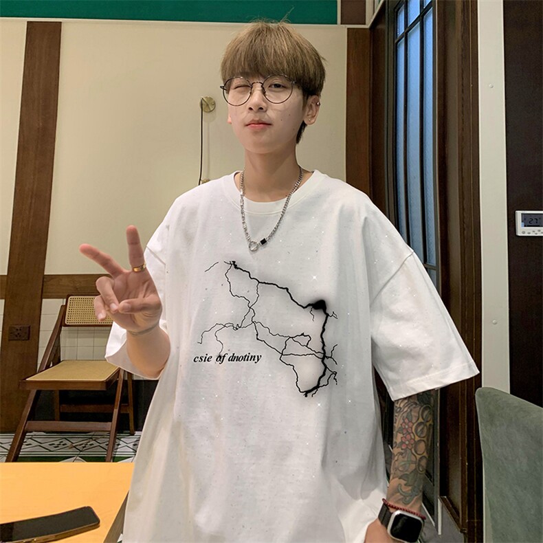 量大优供抖音视频支持得物配合二开美式满天星亮片短袖T恤MTX150,男装T恤,电商A486