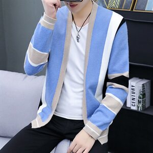 跑量秋毛线衣青年修身休闲潮纯色针织衫男条纹开衫外套图片