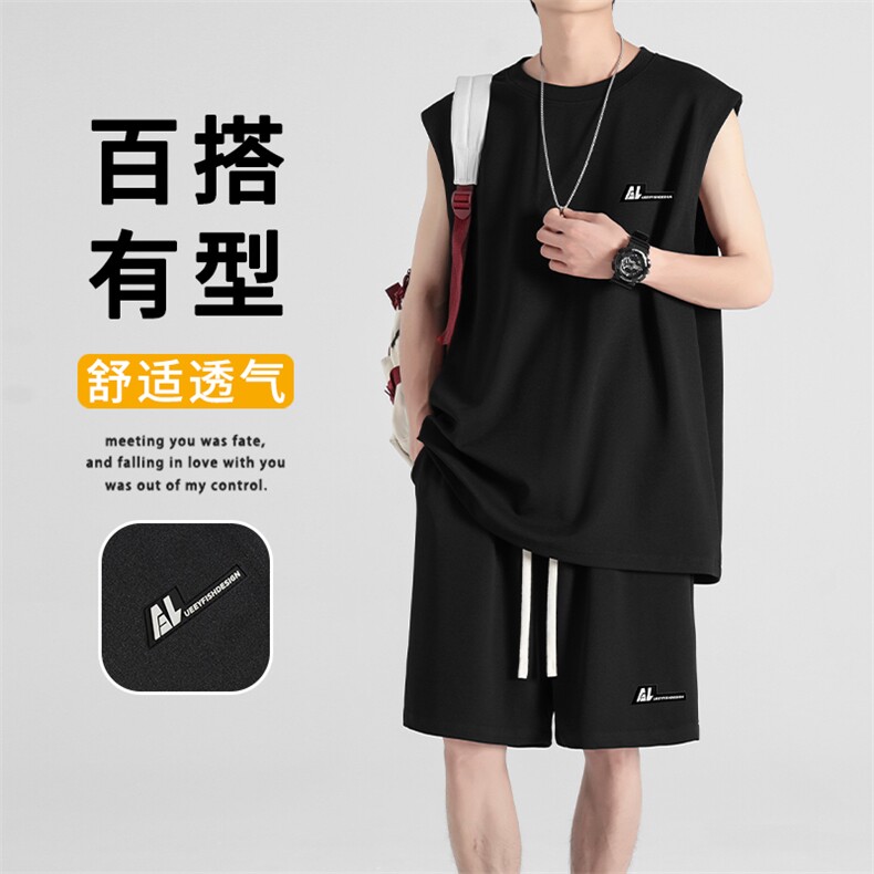 夏季运动背心短裤跑步套装男速干坎肩冰丝薄款两件套TZ81-特批68图片