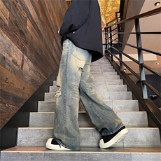 嘻哈破洞牛仔裤男夏季复古水洗裤休闲长裤男牛仔裤T1727-p42有货，男装牛仔裤，星座302B