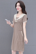 燕颉条纹短袖连衣裙女士夏季2023新款海军领中长款妈妈时尚裙子，女装连衣裙，燕颉服饰