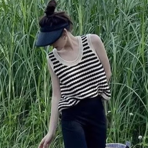 冰丝针织撞色条纹镂空吊带小背心女夏季宽松短款坎肩无袖上衣外穿图片