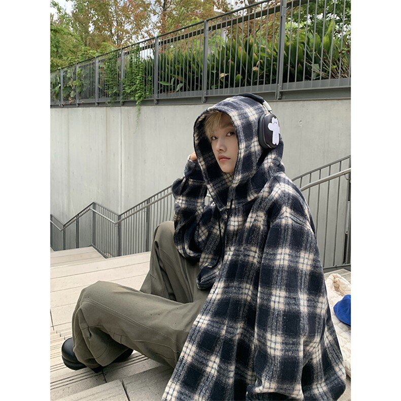 美式格子连帽衬衫男秋季校园风撞色拼接长袖衬衣复古小众简约外套,男装衬衫,电商D232