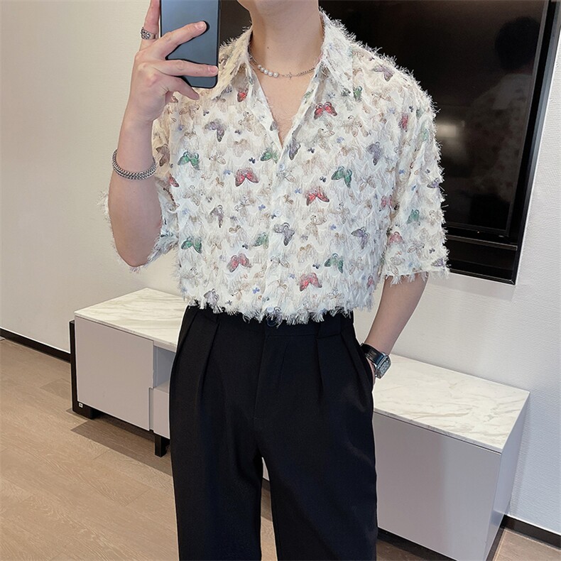 夏季新款小众蝴蝶毛边流苏设计感短袖衬衫痞帅网红衬衣0239-P63,男装T恤,电商B267