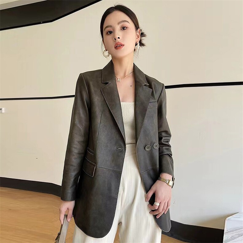 2024年秋季新款复古高级感西装皮衣女士时尚休闲宽松百搭真皮外套图片