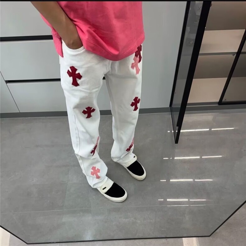 【有货】DK53-批58新款彩色拼皮十字架长裤直筒宽松阔腿牛仔裤男，男装皮裤，星座603-2