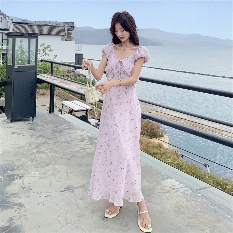 粉紫色碎花连衣裙女夏2025新款度假风少女感温柔风爆款减龄长裙,女装连衣裙,2C131