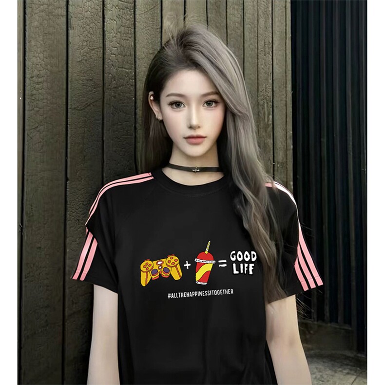 抖音得物品质二开240克宽松纯棉美式潮牌印花三条杠中性风短袖T恤图片