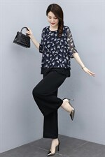 2022夏季新款时尚个性优雅气质圆领舒适休闲裤腿裤两件套，女装套装/套裙，魅影