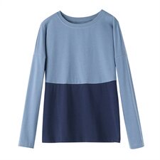 2021年春季通勤韩版圆领拼色长袖T恤女打底经典厚款上衣，女装T恤，伊满意