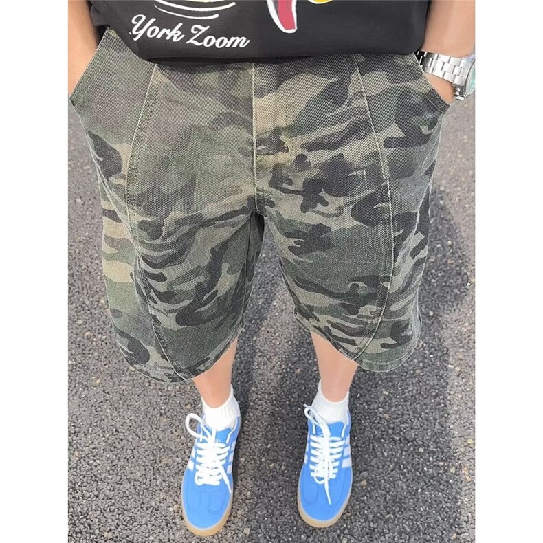 夏季迷彩工装牛仔短裤美式高街宽松休闲青少年小众解构五分中裤图片