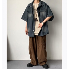 日系复古短袖衬衫男夏季新款小众设计感潮牌潮流休闲半袖牛仔衬衣，男装衬衫，星座1013