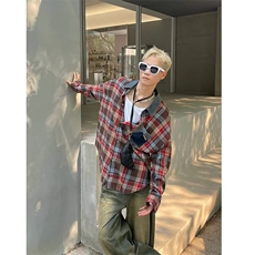 J02美式高级感黄色格纹格子衬衫女原创复古宽松百搭衬衣潮，男装针织衫/毛衣，星座308A-1（原309B-1）