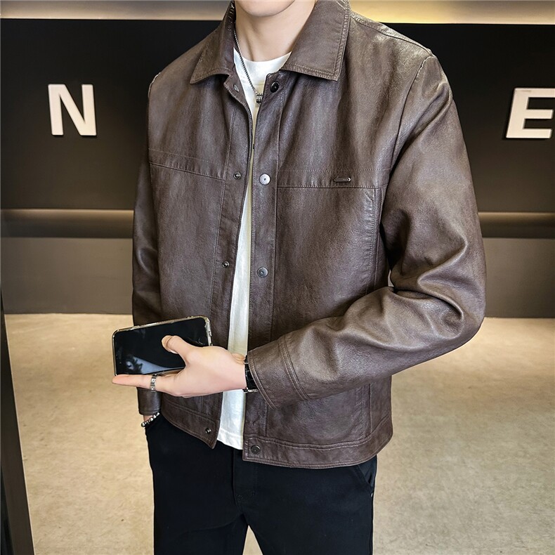 2026新款春季外套男款美式休闲翻领机车皮夹克A313-88591-P145，男装夹克，电商A313