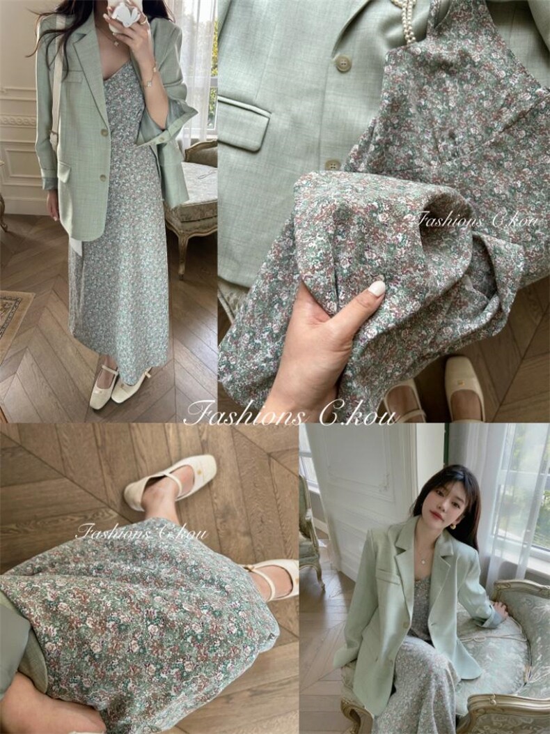 西装配花色吊带裙yyds，女装西装，唇蔻