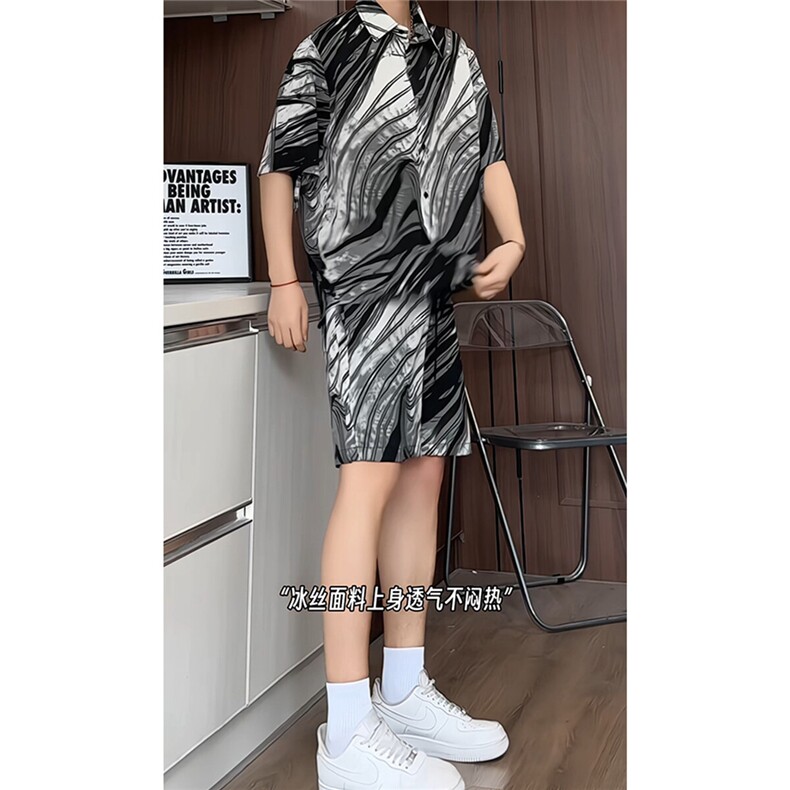 冰丝水墨短裤男短袖衬衫男套装男M-5XL大码TZ78713P50控98模特图,男装牛仔裤,星座226-1
