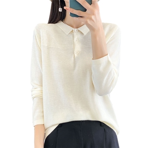 POLO领长袖针织T恤女2025早秋爆款翻领打底毛衣纯色休闲百搭上衣图片