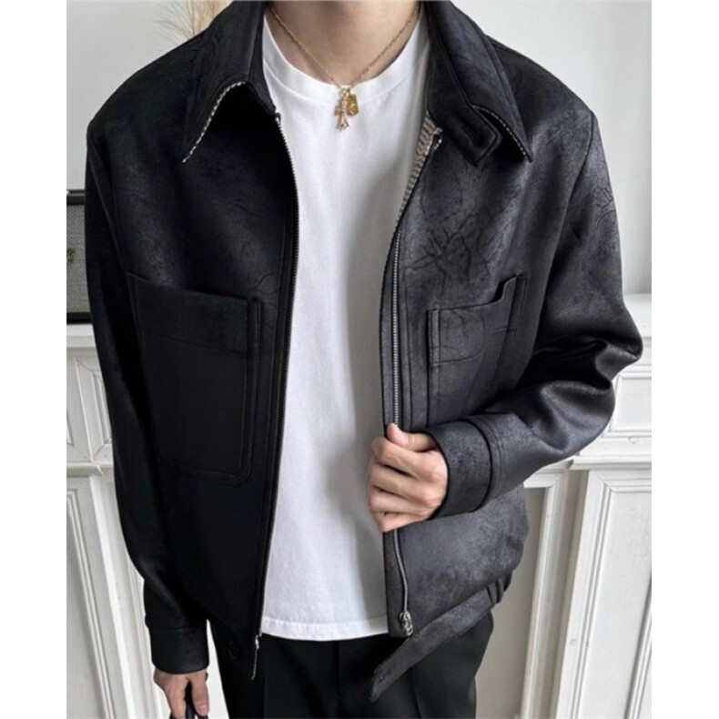 霜冻裂纹千鸟格内里PU皮猎装皮衣Cleanfit短宽夹克外套男JK8563，男装夹克，星座1116A（原606A-3）