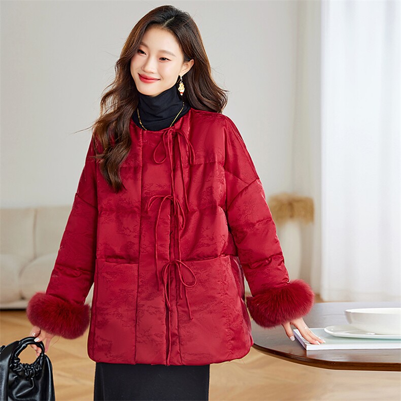 狐狸毛复古风提花羽绒服女2024新款冬季白鸭绒高级感新中式外套,女装羽绒服,浙宝281