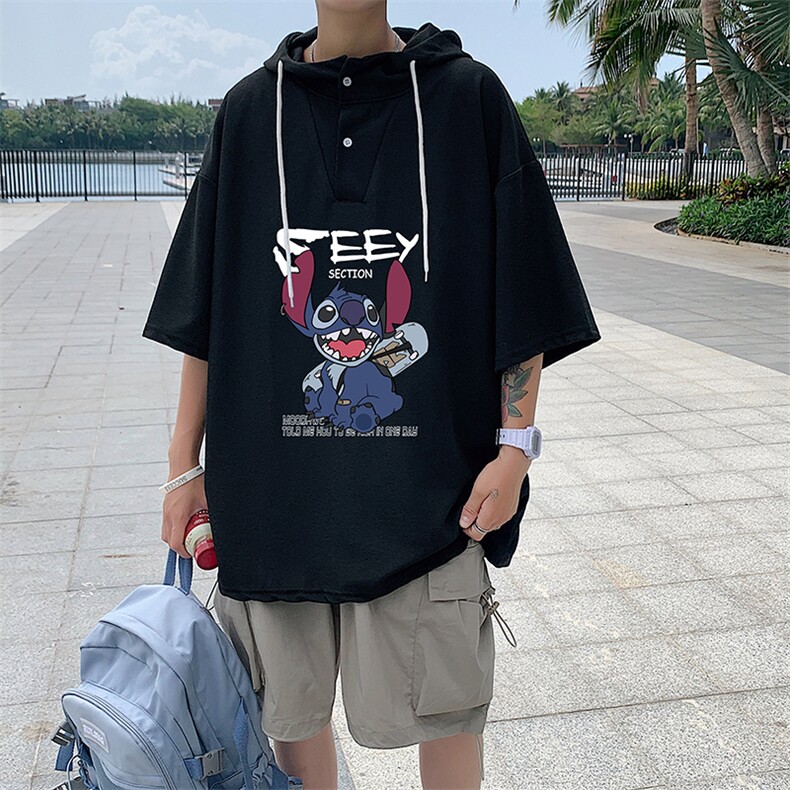 LD54038-P45连帽短袖t恤男大码胖子带帽五分袖中袖,男装T恤,电商A040