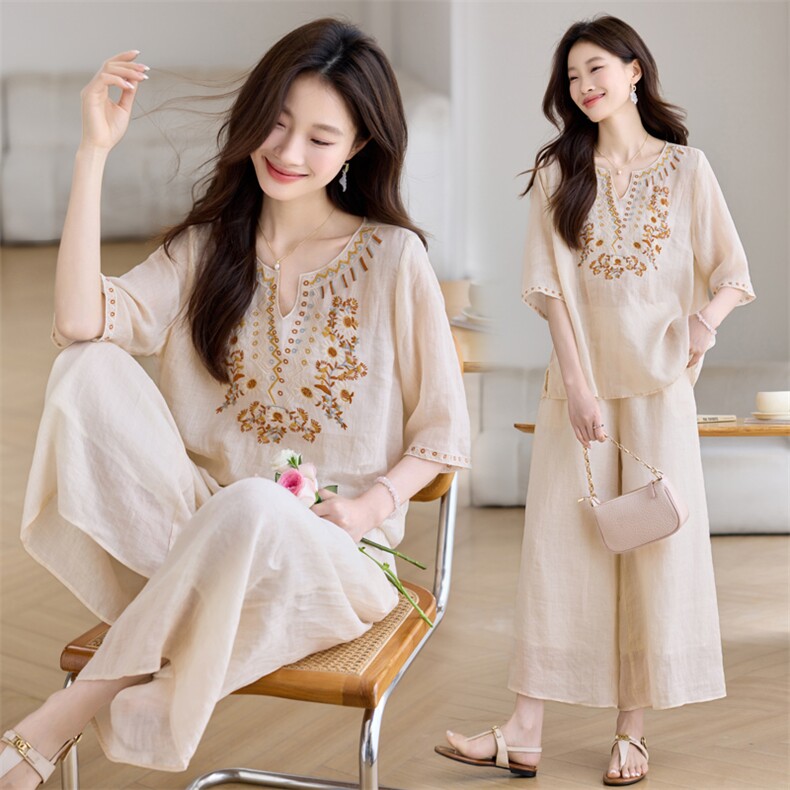 时尚减龄套装女2026年夏季新款宽松大码刺绣衬衫阔腿裤苎麻两件套，女装套装/套裙，简韵佳