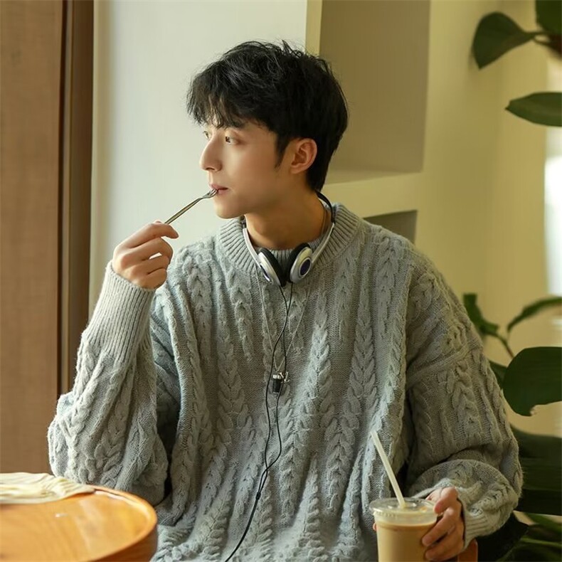 日系麻花宽松毛衣外穿情侣韩版港风圆领针织外套男513AMY2743P45，男装针织衫/毛衣，星座513A