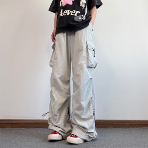 褶皱拼接降落伞兵裤男生春秋季多口袋机能风潮牌宽松直筒阔腿长裤图片