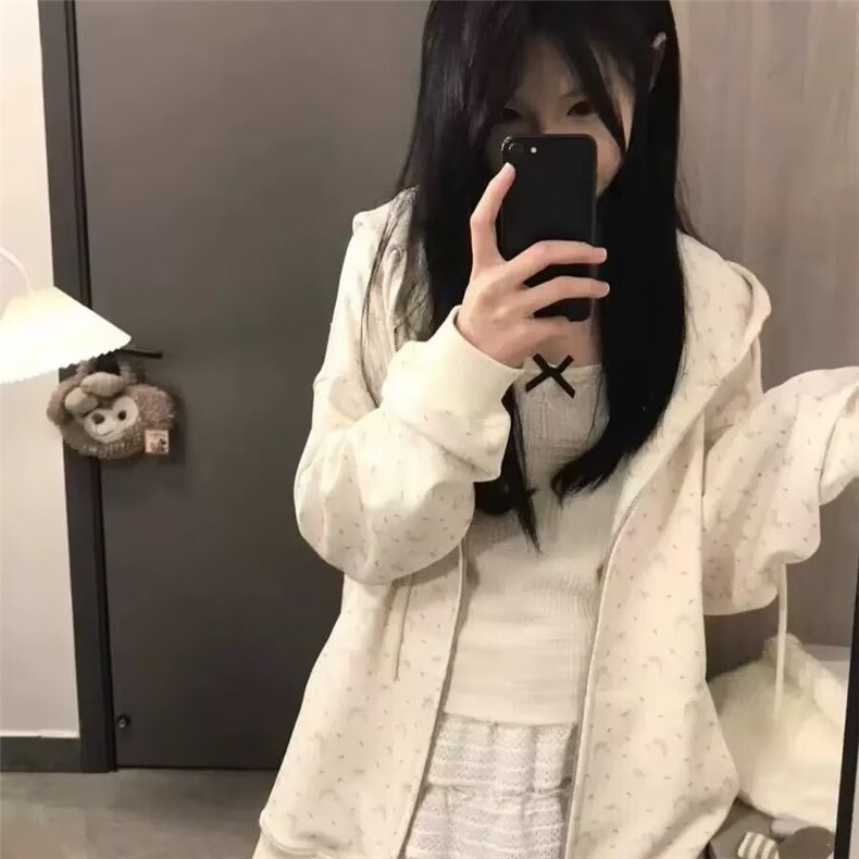 碎花连帽卫衣女春秋冬薄款宽松慵懒风小个子拉链开衫外搭上衣外套,男装卫衣,星座506A