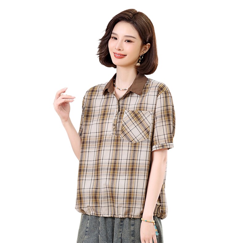 叶笙衣2519衬衣领格子上衣,女装衬衫,叶笙衣