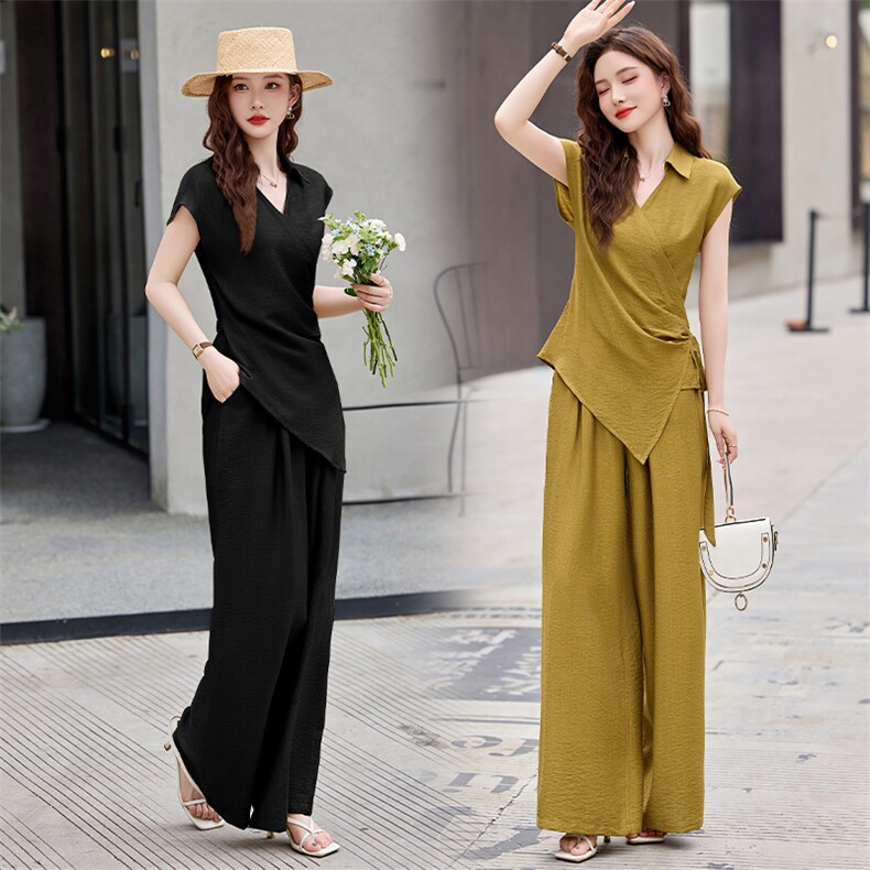 高级感通勤气质套装女2025夏季新款时尚收腰显瘦衬衫阔腿裤两件套，女装套装/套裙，鑫鑫美